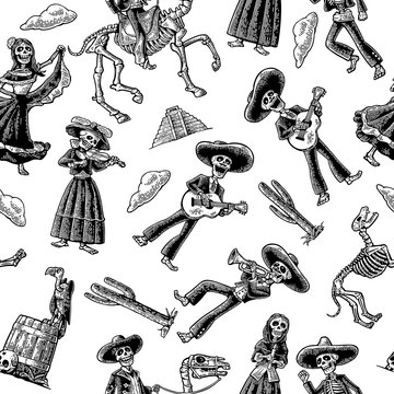 Seamless pattern skeleton in Mexican national costumes. Vintage vector black engraving