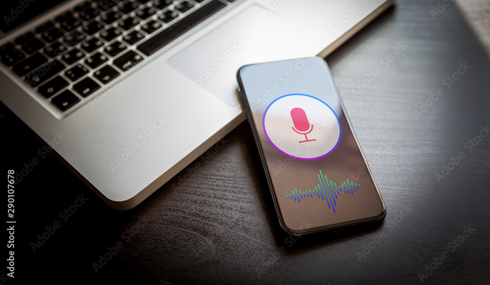 Poster speech recognition concept - close-up mobile phone with microphone icon and wave sound symbol. perso