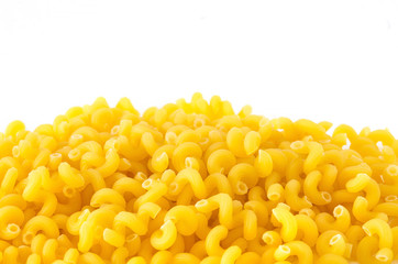 Raw uncooked macaroni pasta on white bacground