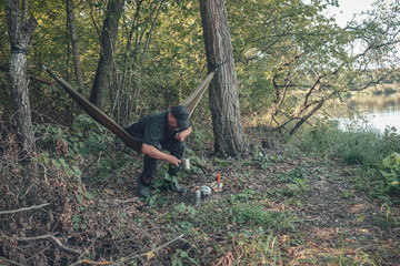 Naklejka premium Bushcraft. Survival and life in the forest.