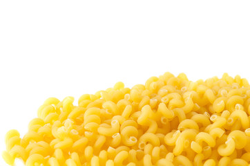 Group of raw uncooked macaroni on white bacground