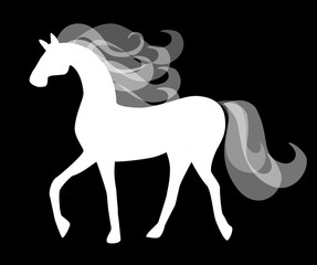 White silhouette of a horse on a black background.