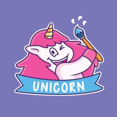 cute unicorn cartoon with paint brush © Hadi