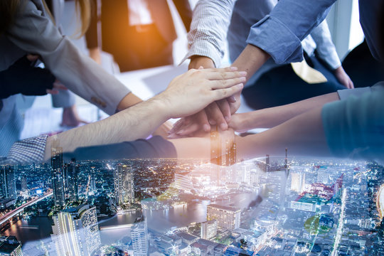 Teamwork,partnership and Social connection in business join hand together concept.Hand of diverse people connecting.Power of volunteer charity work, Stack of people hand.