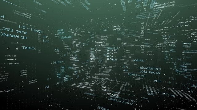 Blocks of abstract program code are written and moved to virtual space. The camera flies around the computer code.