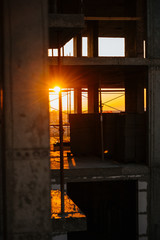 Obraz premium Interior construction of housing project with drywall installed and patched without painting applied