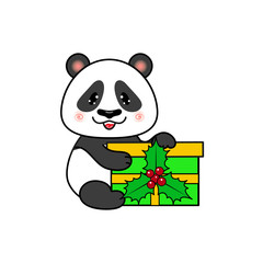 Merry Christmas and Happy New Year Panda Bear With a Green Gift Box with a Holly. Vector Illustration.