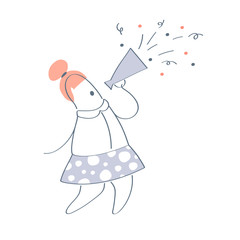 Promotion, advertisement. Cartoon woman  shouting on the megaphone, mouthpiece or bullhorn in her hand. Leader, lead, announce, attention icon concept. Flat outline vector illustration on white.