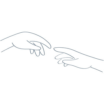 God and Adams hands, touching fingers. Genesis, touch of god. Collaboration Thinking, Creation.Michelangelo's fresco Sistine Chapel ceiling concept. Flat line vector illustration on white background. 