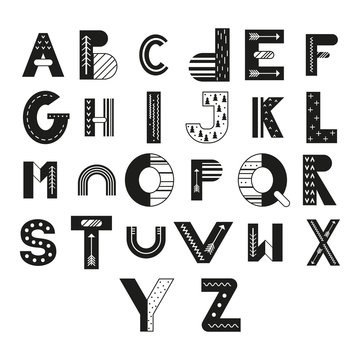 Scandinavian monochrome alphabet for kids. Cartoon hand drawn graphic font. For typography poster, greeting card, banner design. ABC. Vector illustration isolated on white background. Black and white.