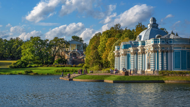 Autumn landscape with a lake and a Palace. Russia. Catherine park
