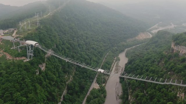 Sochi, Russia - may 2019. Aerial view AJ Hackett Skypark Sochi. Skybridge suspension bridge