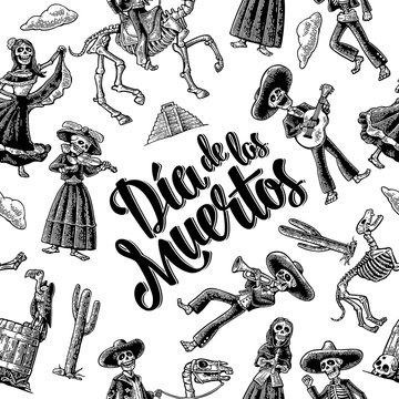 Seamless pattern skeleton in Mexican national costumes. Vintage vector black engraving