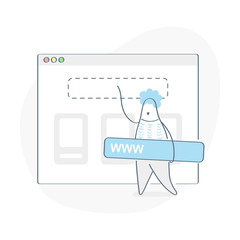 Online advertising, online marketing, media promotion, link building. Cartoon man placing a banner on the website with www. Hosting, site creation, domain setup. Flat outline vector on white