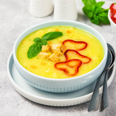 Pea soup with paprika, croutons. Selective focus, space for text.