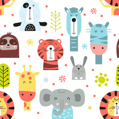 Childish seamless pattern with cute jungle animals in Scandinavian style. Vector Illustration. Kids illustration for nursery design. Great for baby clothes, greeting card, wrapping paper.