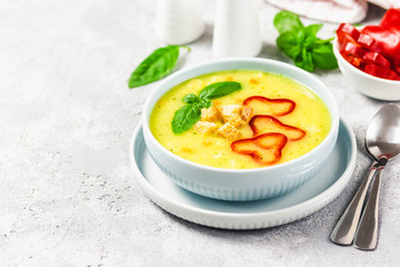 Pea soup with paprika, croutons. Selective focus, space for text.