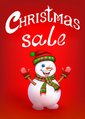 Fototapeta na wymiar Red poster with a cheerful snowman and the inscription Christmas sale.
