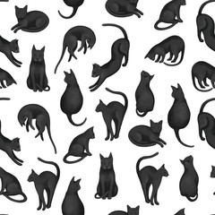 Fototapeta premium Animalistic seamless pattern. Beautiful black cats in different poses on a white background. Delicate wallpaper for various applications.