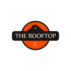 Rooftop logo. Silhouette of rooftop with orange badge. Flat design vector isolated. Usable for real estate, architecture and home care.