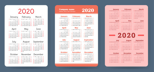 Calendar 2020. Color vector set. Pocket calender collection. Week starts on Sunday. Basic grid template for print