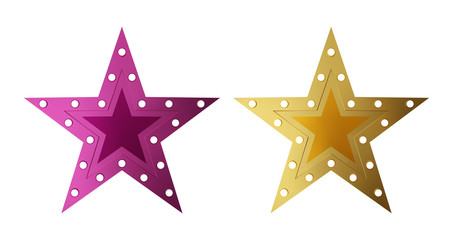 Retro style star shape light sign set. Golden and purple vintage banner with copy space. Vector illustration.