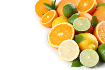 Naklejka na ściany i meble Citrus fruits with green leafs isolated on white background