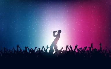 Fototapeta premium Silhouette of people raise hand up in concert with singer on stage and digital dot pattern on blue red color background