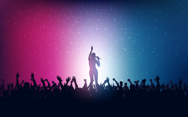Silhouette of people raise hand up in concert with woman singer on stage and digital dot pattern on blue red color 