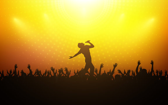 silhouette of people raise hand up in concert with singer on stage and digital dot pattern on yellow orange color background