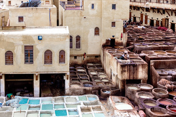 Tanneries of Fez. Tanks with dyes and vats in the traditional leather workshop of Fez