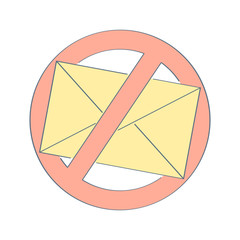 No spam, anti spam sign. Yellow envelope with prohibition sign. Flat outline vector design illustrative icon on white.