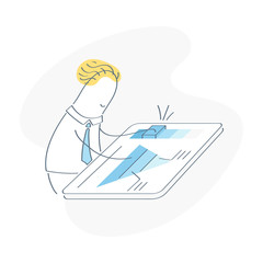 Businessman is working under the project, he building business model pivot on the interactive digital dashboard, doing the calculations, creating marketing strategy. Flat outline vector illustration.