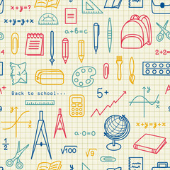 School, office seamless pattern for web pages, mobile applications. Stationery items: notebook, pen, numbers, graph, cell.