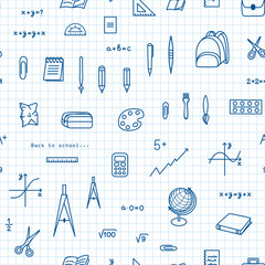 School, office seamless pattern for web pages, mobile applications. Stationery items: notebook, pen, numbers, graph, cell.