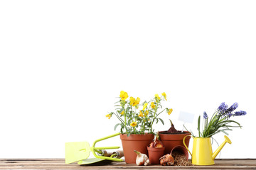 Garden tools with flowers on wooden table