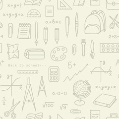 School, office seamless pattern for web pages, mobile applications. Stationery items: notebook, pen, numbers, graphl.