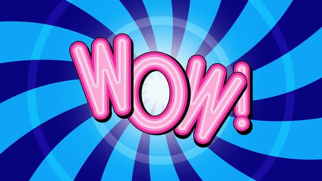wow - pink expression word text on striped vintage retro blue background Comic Style 4k