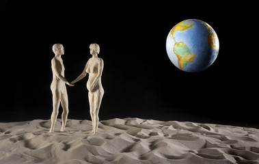 Man and pregnant woman on a planet with Earth isolated on black background. Space colonization and...