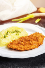 Chicken steak or schnitzel with mashed potatoes