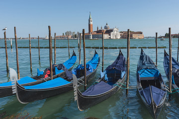 Gondolas near Saint Mark square (San Marco) and San Giorgio di Maggiore church in the background, in Venice, Italy