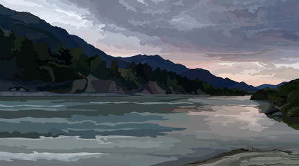 Naklejka premium painted summer landscape of a river surrounded by mountains at sunset