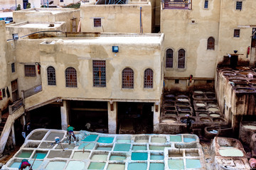 Tanneries of Fez. Tanks with dyes and vats in the traditional leather workshop of Fez