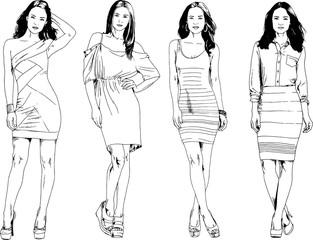 vector drawings on the theme of beautiful slim sporty girl in casual clothes in various poses painted ink hand sketch with no background	