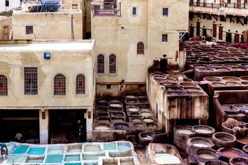 Tanneries of Fez. Tanks with dyes and vats in the traditional leather workshop of Fez