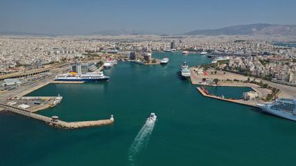 Fototapeta na wymiar Aerial drone panoramic photo of busy port of Piraeus, the largest in Greece and one of the largest passenger ports in Europe, Attica, Greece 