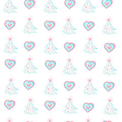 Seamless pattern in blue and pink colors. An ornament from the hearts and Christmas tree drawn with the wax crayons.
