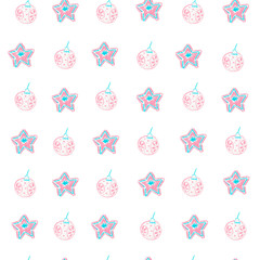 Seamless pattern in blue and pink colors. An ornament from the Christmas tree decoration and stars drawn with the wax crayons.