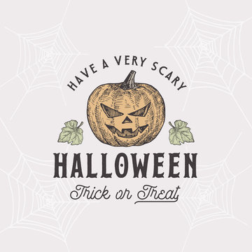 Vintage Style Halloween Logo or Label Template. Hand Drawn Evil Pumpkin with Leaves Sketch Symbol and Retro Typography. Web Drawings Background.