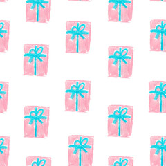 Seamless pattern in blue and pink colors. An ornament from the gifts drawn with the wax crayons.